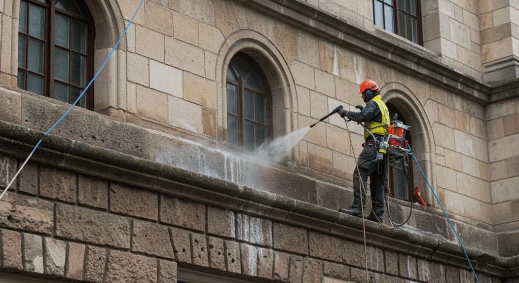 Homlokzattisztítás munka közben magasnyomású berendezéssel kő homlokzaton