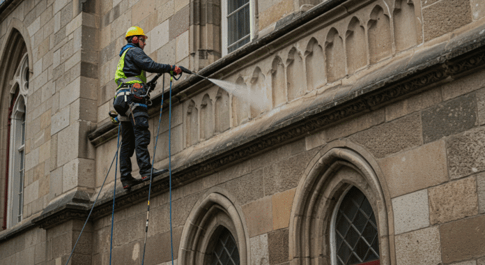 Szakszerű homlokzattisztítás kő felületeken - 2025 útmutató Homlokzattisztítás munka közben magasnyomású berendezéssel kő homlokzaton