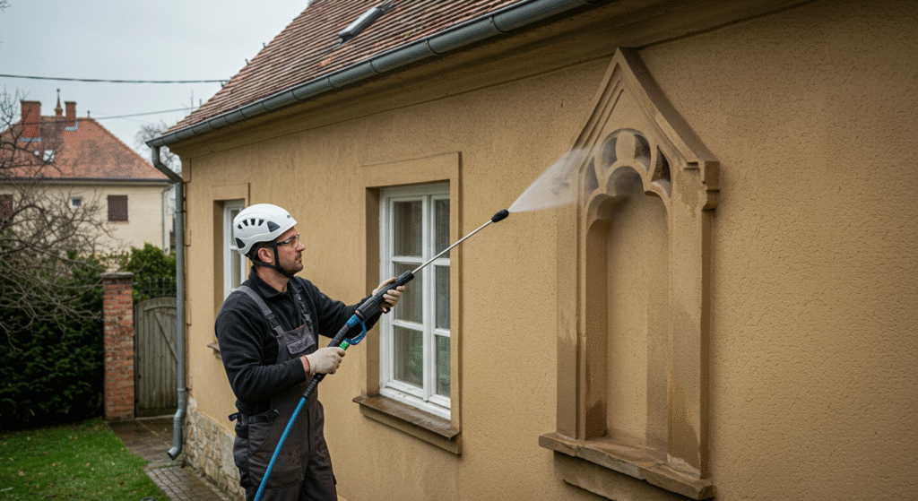 Homlokzattisztítás munka közben magasnyomású berendezéssel kő homlokzaton
