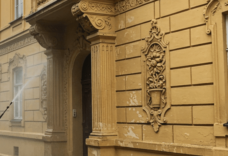 Nyári homlokzat karbantartás folyamatban nagy nyomású tisztítóval