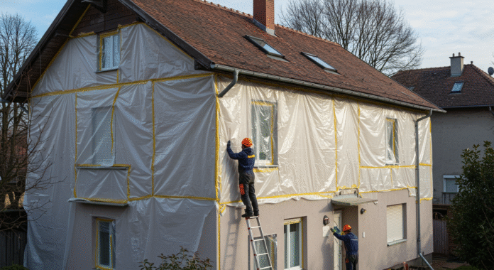 Professzionális kültéri felületek védelme tisztítás előtt lépései Kültéri felületek védelme tisztítás előtt professzionális védőfóliával és ponyvával