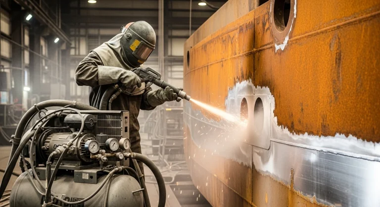 Homokszórás fémfelületen rozsda eltávolítása ipari környezetben