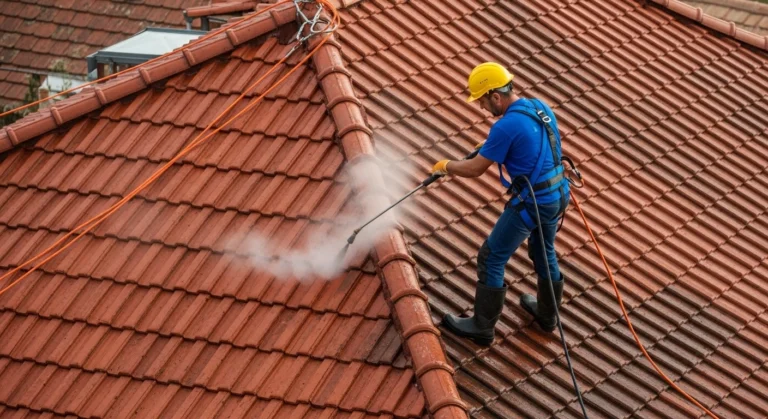 Tetőcserép tisztítása forróvizes magasnyomású mosóval professzionális munka közben