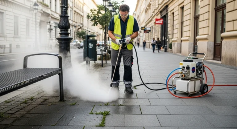 vegyszermentes gyomirtás közterületen forró vízzel járdaszegély tisztítása