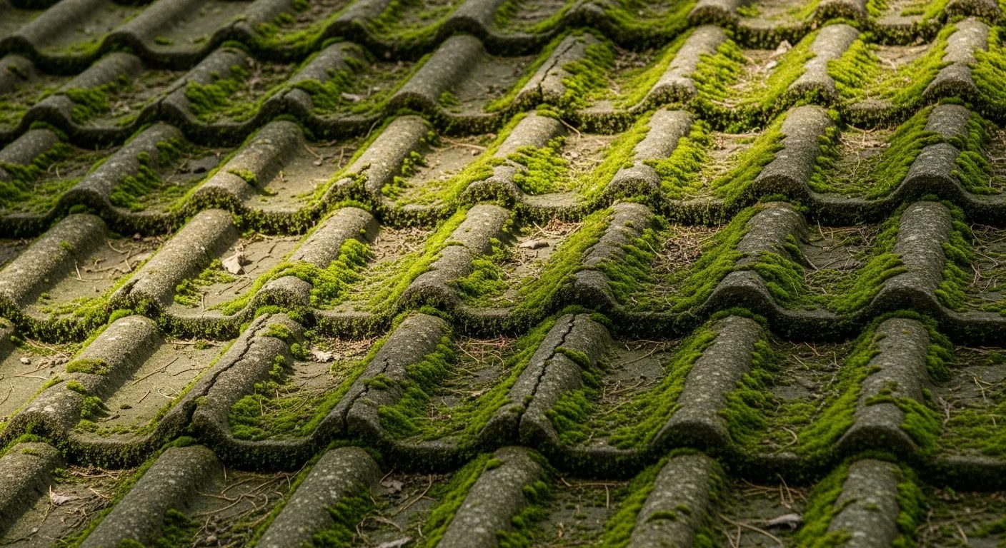 Árnyékos betoncserepek mohával és algákkal borítva - speciális tisztítási igény