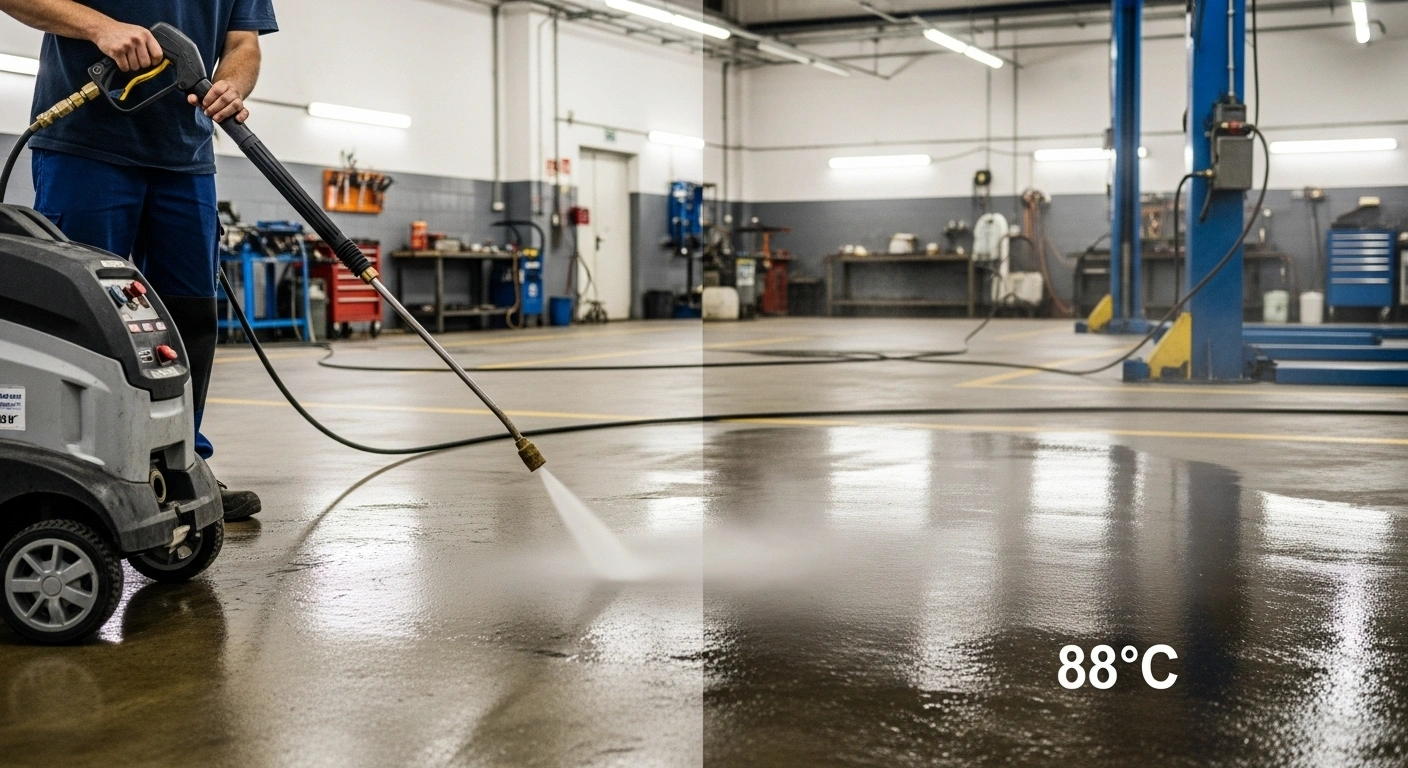 Magas hőmérsékletű tisztítás: előnyök a hagyományos megoldásokkal szemben 2 Magas hőmérsékletű tisztítás olajfoltok eltávolítására ipari betonfelületen forróvizes módszerrel