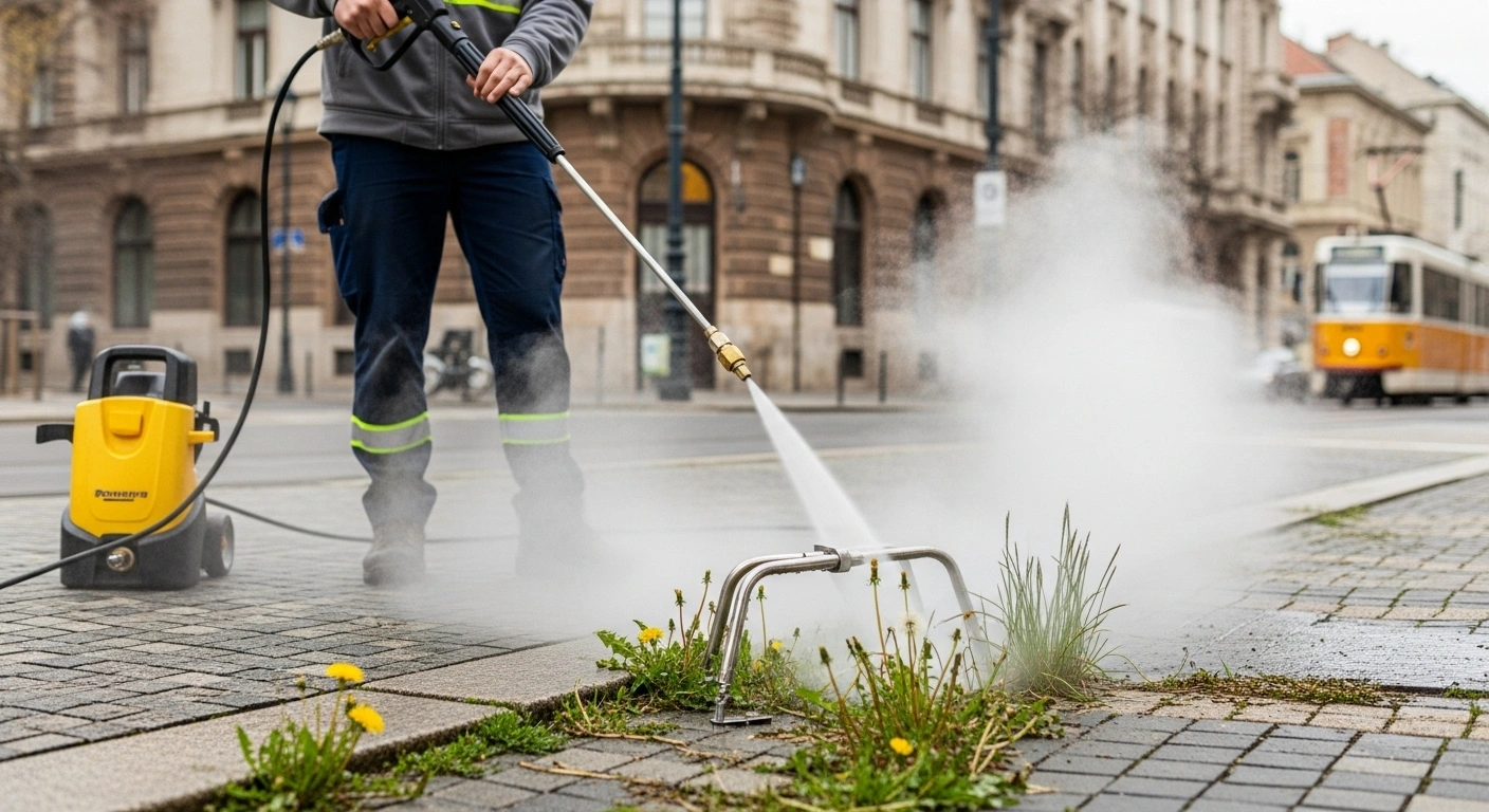 Magas hőmérsékletű tisztítás: előnyök a hagyományos megoldásokkal szemben 1 Magas hőmérsékletű tisztítás gyomirtáshoz járdaburkolaton vegyszermentes technológiával