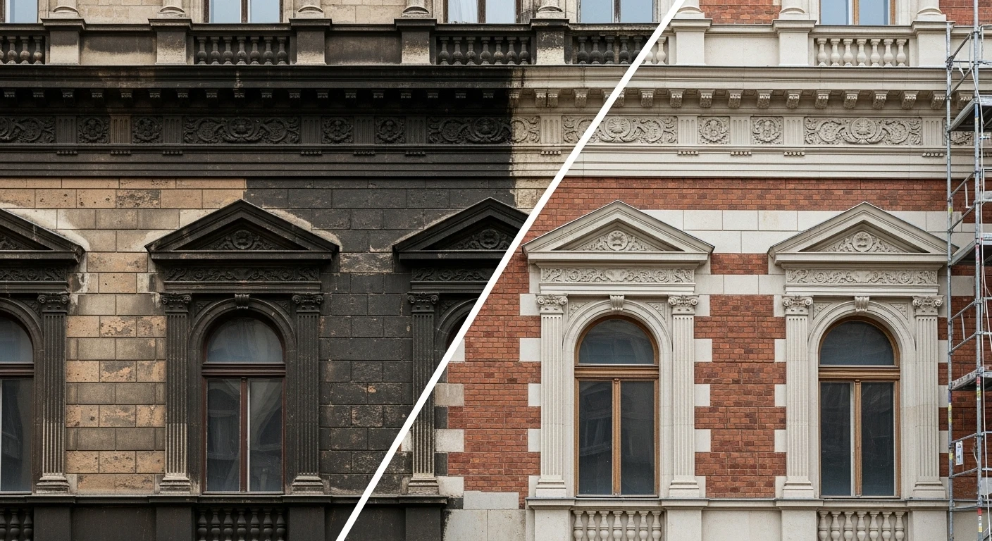 Szárazjeges tisztítás kültéren: mikor éri meg és hogyan működik? 2 szárazjeges tisztítás műemlék épület homlokzatán kíméletes technológiával